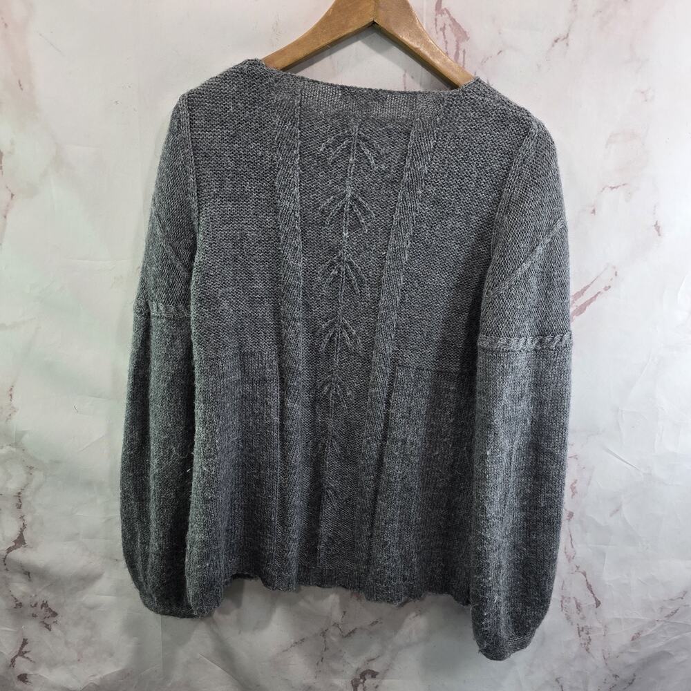 Garnet Hill Sweater Womens Small Gray Alpaca Wool V Balloon Sleeve Pointelle - Picture 5 of 10
